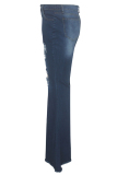 Dark Blue Denim Button Fly Sleeveless High Hole Solid washing Patchwork Boot Cut Pants 