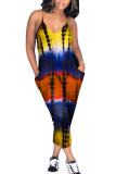 Red Casual Print Patchwork Pocket Spaghetti Strap Loose Jumpsuits