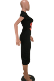 Green Fashion adult Sexy Cap Sleeve Short Sleeves O neck A-Line Mid-Calf hole Print asymmetrical