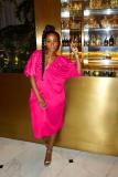 rose red Sexy lantern sleeve Half Sleeves V Neck Lantern skirt Mid-Calf Solid Casual Dresses