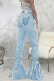 Light Blue Denim Button Fly Sleeveless High Patchwork washing Hole Solid bandage Boot Cut Pants 