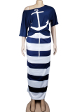 Blue Fashion Casual Two Piece Suits Patchwork Striped Print Straight Short Sleeve Two-Piece Dr