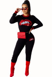 Black knit Active Print Two Piece Suits Lips Print pencil Long Sleeve Two-piece Pants Set