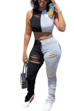 Black Fashion adult Ma'am Street Patchwork Burn-out contrast color Two Piece Suits Boot Cut Sleeveless Two Pieces