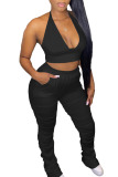 White Casual Solid Bandage Patchwork Backless Halter Sleeveless Two Pieces
