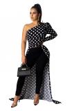 White One Shoulder Collar Long Sleeve asymmetrical Dot Print Slim fit Patchwork Long Sleeve Top
