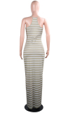 Grey Sexy Fashion Spaghetti Strap Sleeveless Slip Step Skirt Floor-Length Striped Casual Dress
