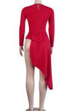 Red O Neck Long Sleeve Stringy selvedge Solid asymmetrical Long Sleeve Tops