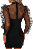 Black Network Sexy Patchwork Solid Hip skirt Long Sleeve Two-Piece Dress