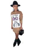Khaki Casual Fashion adult Cap Sleeve Long Sleeves O neck Step Skirt Mini Print Long Sleeve Dre