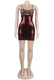 Gold adult Fashion Sexy Spaghetti Strap Sleeveless Slip Step Skirt skirt Sequin Solid Club Dre