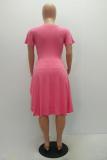 Pink O Neck Short Sleeve Solid Draped Split asymmetrical Tees & T-shirts