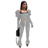 Black Street Solid Bandage Square Collar Long Sleeve Two Pieces