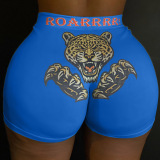 Dark Blue Elastic Fly Mid Animal Prints shorts Bottoms