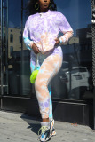 Yellow Casual Sportswear Spandex Blends Print Tie-dye Pullovers Pants Basic O Neck Long Sleeve Regular Sleeve Regular Two Pieces
