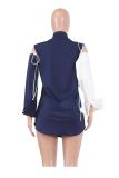 Dark Blue Turndown Collar Long Sleeve Patchwork Button Solid