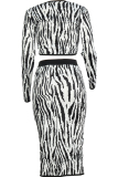 Black and white Sexy Two Piece Suits Patchwork Striped Hip skirt Long Sleeve Two-Piece Dress