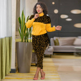 Yellow Fashion Casual Patchwork Print Leopard Zipper Collar Long Sleeve Two Pieces