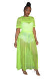 Yellow Casual Fashion Cap Sleeve Half Sleeves O neck Straight Ankle-Length Solid asymmetrical Mes