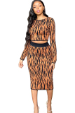 Black and white Sexy Two Piece Suits Patchwork Striped Hip skirt Long Sleeve Two-Piece Dress