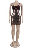 Gold adult Fashion Sexy Spaghetti Strap Sleeveless Slip Step Skirt skirt Sequin Solid Club Dre