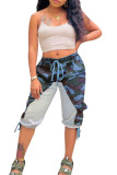 Peacock Blue Street Print Camouflage Print Patchwork Frenulum Straight High Waist Straight Positioning Print Bottoms