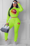 Blue OL Two Piece Suits Print pencil Long Sleeve Two-piece Pants Set