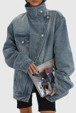Blue Mandarin Collar Long Sleeve Buttons Casual Washed Denim Jacket