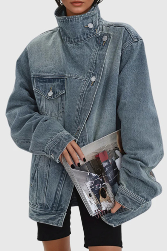 Blue Mandarin Collar Long Sleeve Buttons Casual Washed Denim Jacket