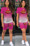 Grey Fashion Casual adult Ma'am Print Gradient Two Piece Suits Lips Print Straight Short Sleeve Two Pieces