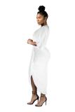 White Casual Fashion adult Cap Sleeve 3/4 Length Sleeves V Neck Asymmetrical Mid-Calf Solid Patc