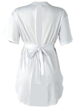 White O Neck Short Sleeve backless ruffle Print asymmetrical HOLLOWED OUT Tees & T-shirts