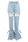 Light Blue Denim Button Fly Sleeveless High Patchwork washing Hole Solid bandage Boot Cut Pants 