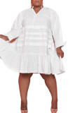 White Casual Solid Patchwork Flounce V Neck Princess Plus Size Dresses