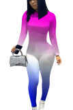 Fluorescent green Casual Print Long Sleeve O Neck Jumpsuits