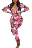 Pink Fashion Adult Living Print Letter V Neck Skinny Jumpsuits
