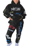 Black British Style Print Hooded Collar Long Sleeve Regular Sleeve Regular Two Pieces