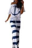 Blue Fashion Casual Two Piece Suits Patchwork Striped Print Straight Short Sleeve Two-Piece Dr