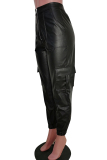 Black PU Zipper Fly Mid Zippered Solid Straight Pants Pants