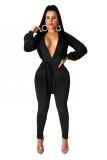 Yellow Sexy Fashion Solid Backless bandage Hollow Long Sleeve V Neck Jumpsuits