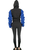 Blue Sexy Two Piece Suits Patchwork contrast color Hole pencil Long Sleeve Two-piece Pants Set