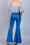Dark Blue Denim Zipper Fly Button Fly High Solid washing Hole Zippered Boot Cut Pants 