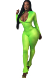 Green street Solid zipper Milk. Long Sleeve O Neck Jumpsuits