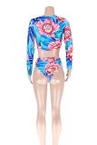 Blue Fashion Active crop top Print Two Piece Suits Slim fit Floral Skinny Long Sleeve Two-Piec