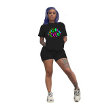 Black Fashion Casual Active Letter Lips Print Short Sleeve Two Pieces