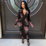 Cream White Casual Print Patchwork Zipper Collar Skinny Jumpsuits