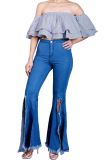 Dark Blue Denim Zipper Fly Button Fly High Solid washing Hole Zippered Boot Cut Pants 