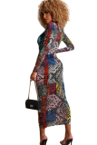 multicolor Sexy Cap Sleeve Long Sleeves O neck Step Skirt Mid-Calf Print