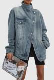 Blue Mandarin Collar Long Sleeve Buttons Casual Washed Denim Jacket