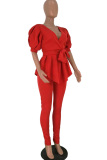 Black Sexy Solid bow-knot Patchwork Two Piece Suits pencil Short Sleeve Two-piece Pants Set